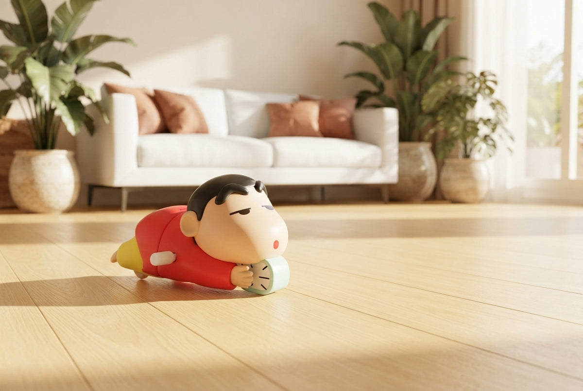Shinchan crawling toy on a wooden floor in a sunlit room with terracotta decor and indoor plants.