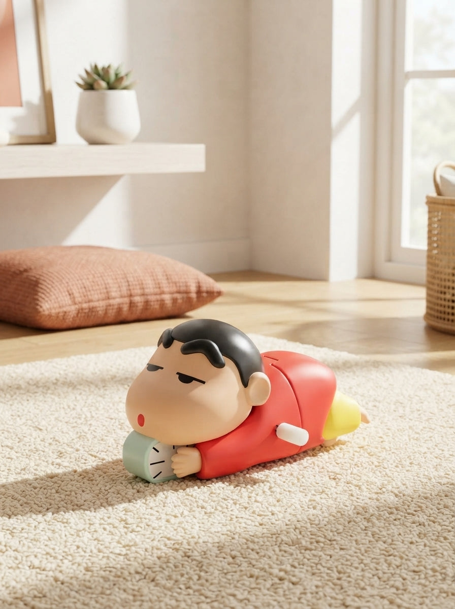 Shinchan crawling toy sitting on a cream-colored rug in a sunlit room with terracotta and white decor.
